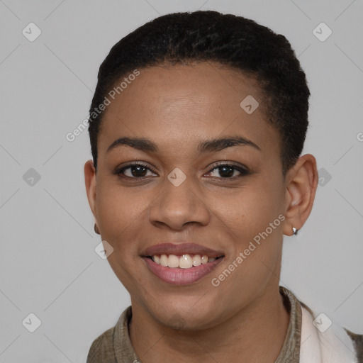 Joyful latino young-adult female with short  black hair and brown eyes