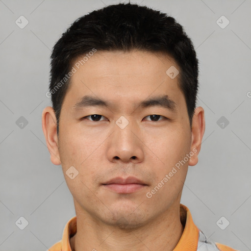 Neutral asian young-adult male with short  black hair and brown eyes