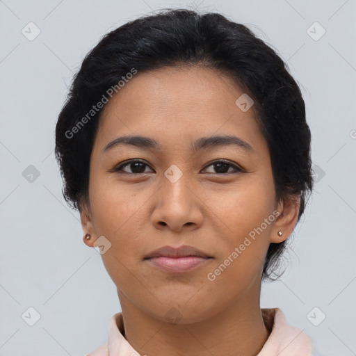 Neutral asian young-adult female with short  brown hair and brown eyes