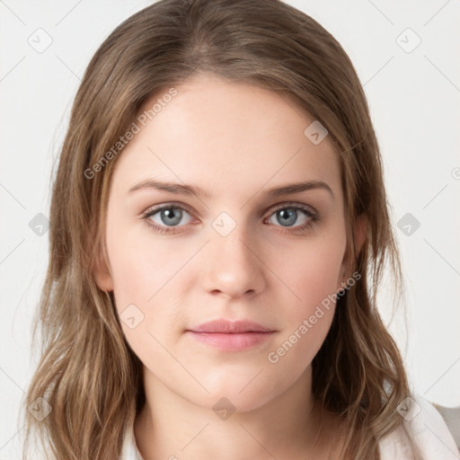 Neutral white young-adult female with medium  brown hair and grey eyes