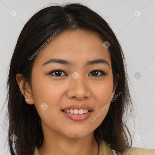 Joyful white young-adult female with long  brown hair and brown eyes