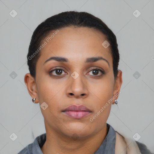 Neutral black young-adult female with short  brown hair and brown eyes