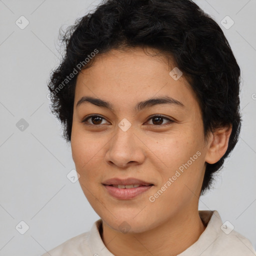 Joyful latino young-adult female with short  brown hair and brown eyes