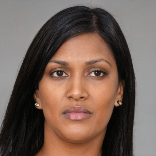 Neutral asian young-adult female with long  black hair and brown eyes
