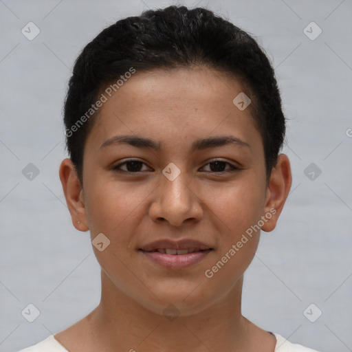 Joyful latino young-adult female with short  brown hair and brown eyes