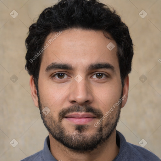 Neutral white young-adult male with short  black hair and brown eyes