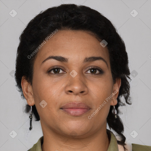 Joyful latino young-adult female with short  brown hair and brown eyes