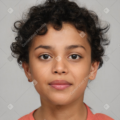 Joyful white child female with short  brown hair and brown eyes