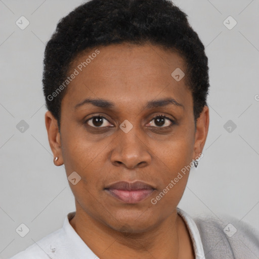 Neutral black young-adult female with short  black hair and brown eyes