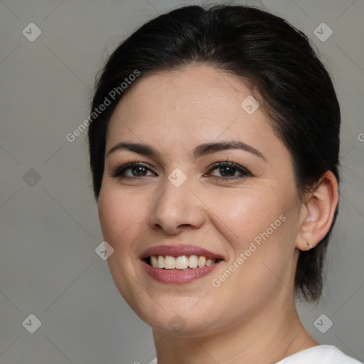 Joyful white young-adult female with medium  brown hair and brown eyes