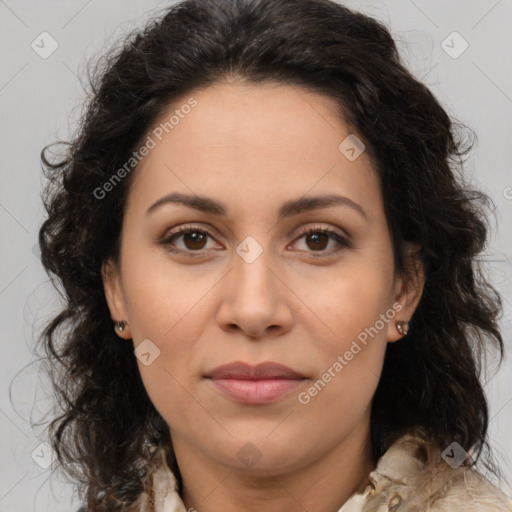 Joyful white adult female with long  brown hair and brown eyes