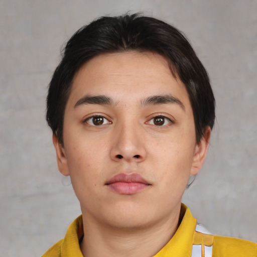 Neutral asian young-adult male with short  brown hair and brown eyes