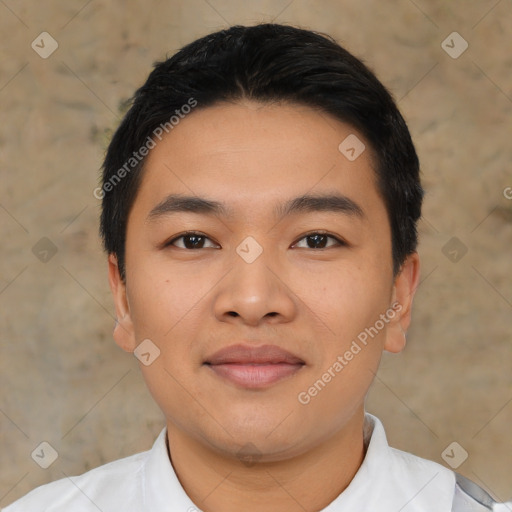 Joyful asian young-adult male with short  black hair and brown eyes