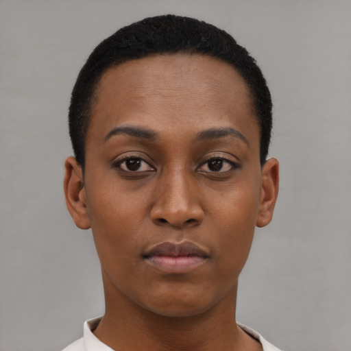 Neutral black young-adult female with short  black hair and brown eyes
