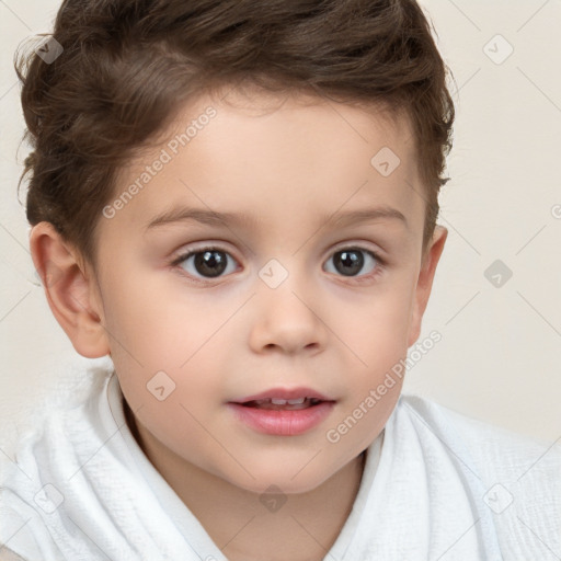 Joyful white child female with short  brown hair and brown eyes