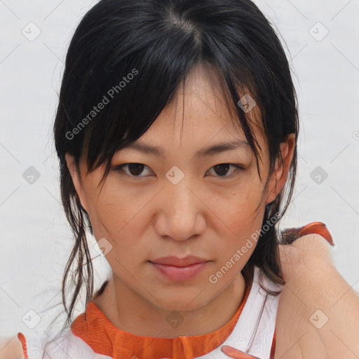 Neutral asian young-adult female with medium  brown hair and brown eyes