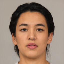 Neutral asian young-adult female with medium  black hair and brown eyes