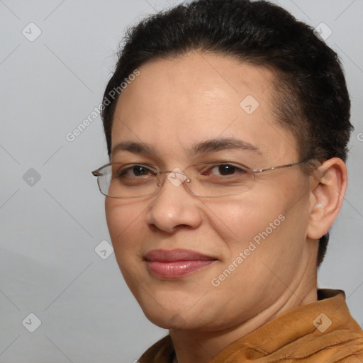 Joyful white adult female with short  brown hair and brown eyes