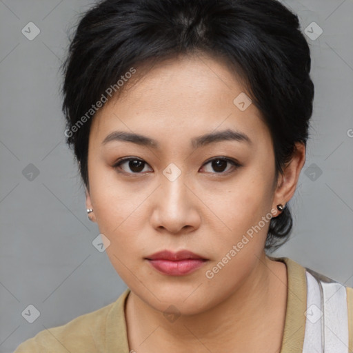 Neutral asian young-adult female with medium  brown hair and brown eyes