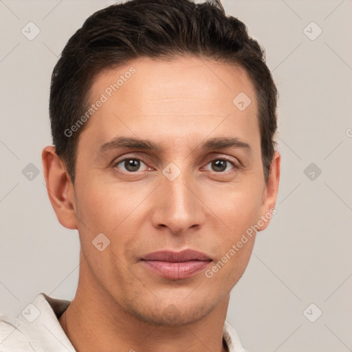 Joyful white young-adult male with short  brown hair and brown eyes