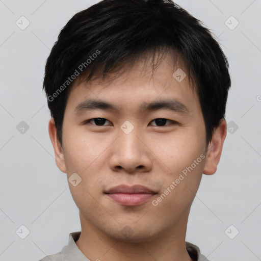 Neutral asian young-adult male with short  black hair and brown eyes