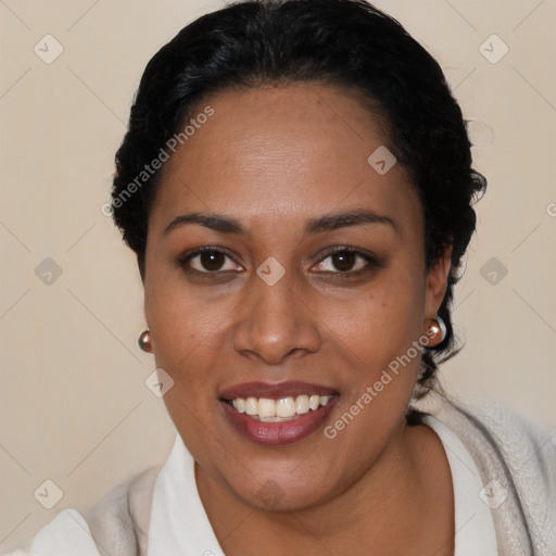 Joyful latino young-adult female with short  black hair and brown eyes