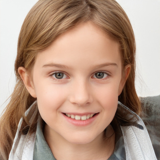 Joyful white child female with medium  brown hair and blue eyes