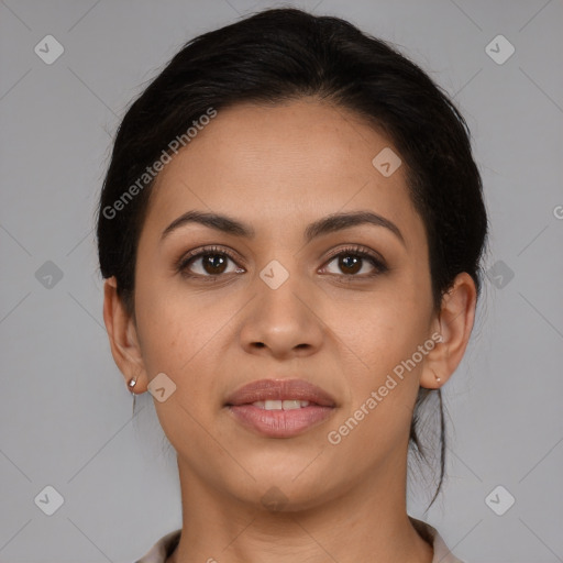 Joyful latino young-adult female with medium  brown hair and brown eyes