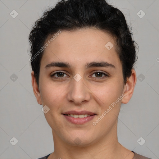 Joyful white young-adult female with short  brown hair and brown eyes