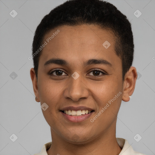 Joyful latino young-adult female with short  brown hair and brown eyes