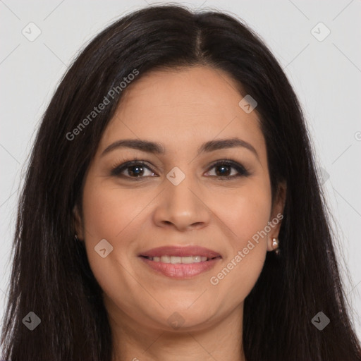 Joyful latino young-adult female with long  brown hair and brown eyes