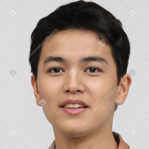 Joyful asian young-adult male with short  black hair and brown eyes