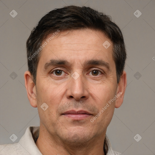 Neutral white adult male with short  brown hair and brown eyes