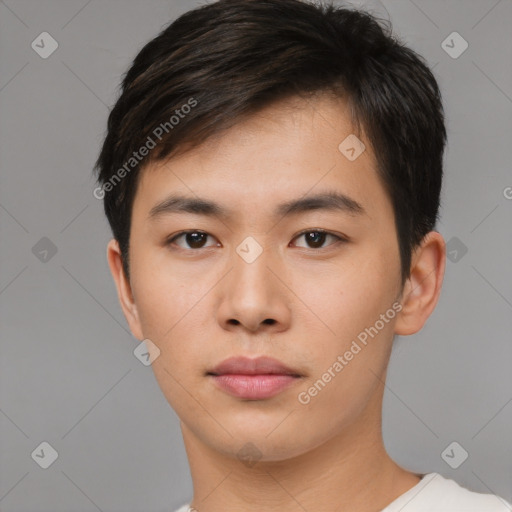 Neutral asian young-adult male with short  brown hair and brown eyes
