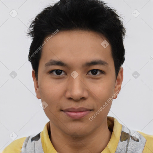 Joyful asian young-adult male with short  black hair and brown eyes