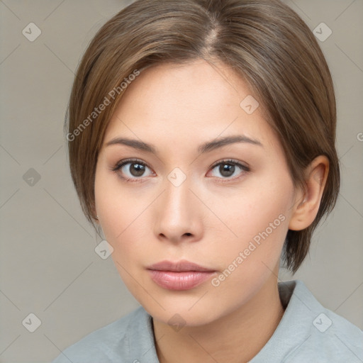 Neutral white young-adult female with medium  brown hair and brown eyes