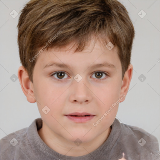 Joyful white child male with short  brown hair and brown eyes