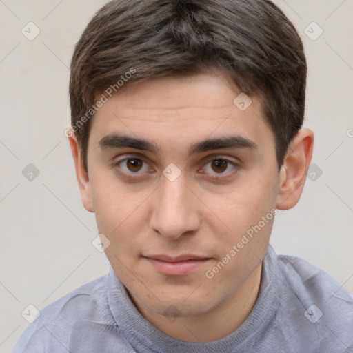 Neutral white young-adult male with short  brown hair and brown eyes