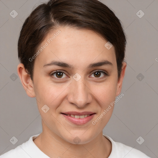 Joyful white young-adult female with short  brown hair and brown eyes