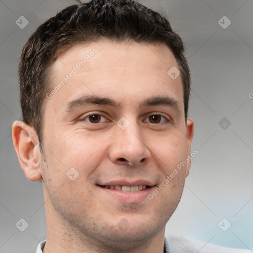 Joyful white young-adult male with short  brown hair and brown eyes