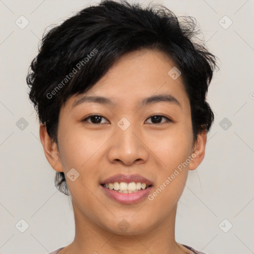 Joyful asian young-adult female with short  black hair and brown eyes