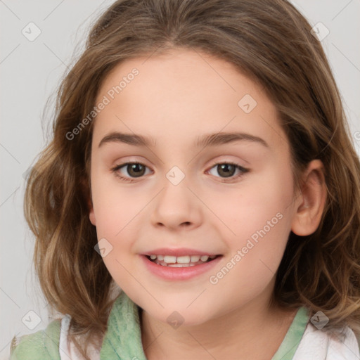 Joyful white child female with medium  brown hair and brown eyes