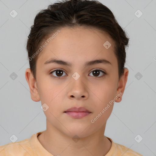 Neutral white young-adult female with short  brown hair and brown eyes