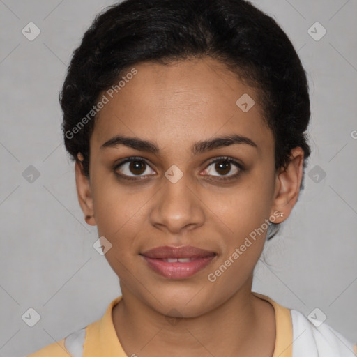 Joyful latino young-adult female with short  black hair and brown eyes