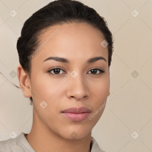 Neutral latino young-adult female with short  brown hair and brown eyes