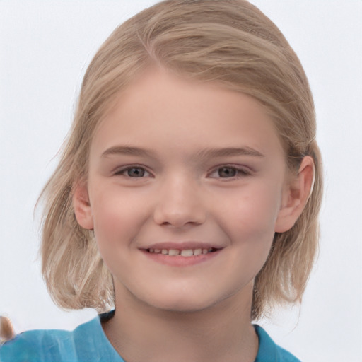 Joyful white child female with medium  brown hair and grey eyes