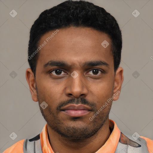 Neutral latino young-adult male with short  black hair and brown eyes