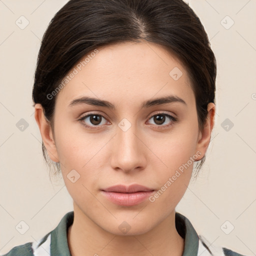 Neutral white young-adult female with medium  brown hair and brown eyes