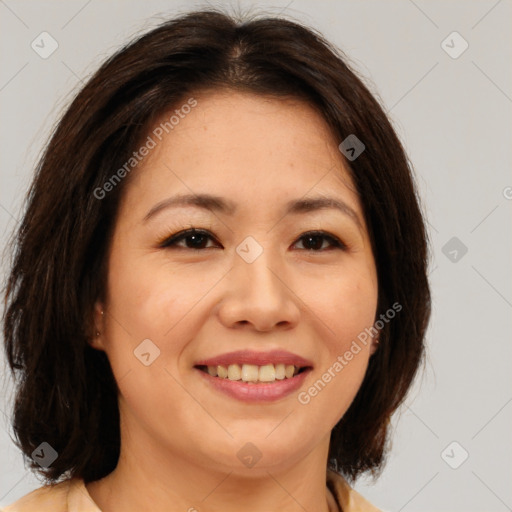 Joyful white young-adult female with medium  brown hair and brown eyes