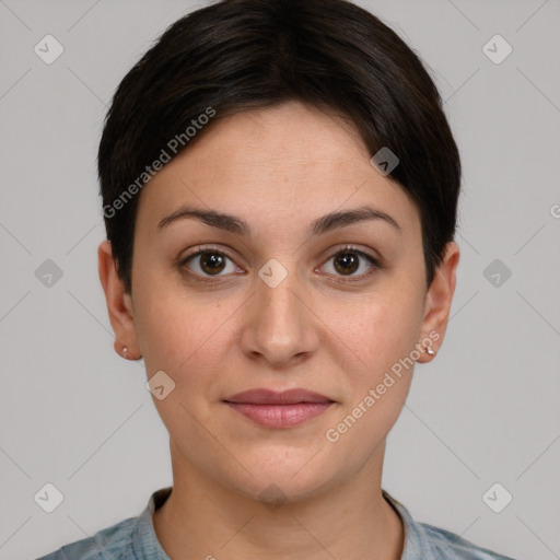 Joyful white young-adult female with short  brown hair and brown eyes